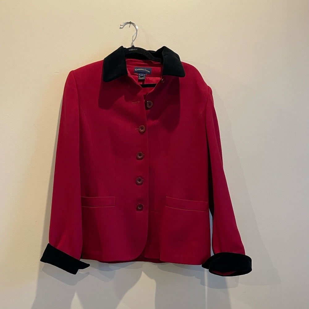 Red Wool blazer with black velvet trim